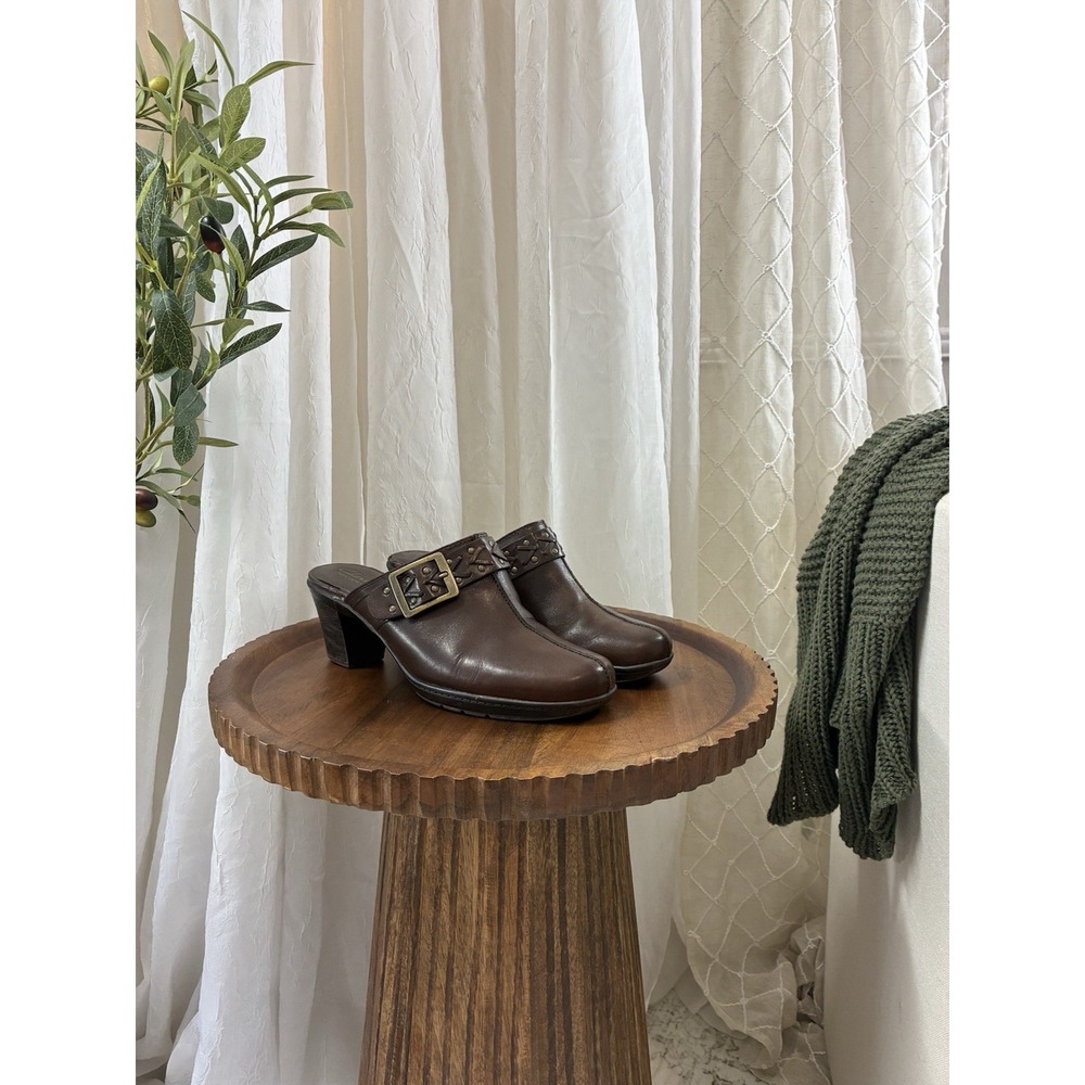 Clarks Bendables Shoes Womens 9.5M Buckle Mules Clogs 835445 Brown‎ Leather